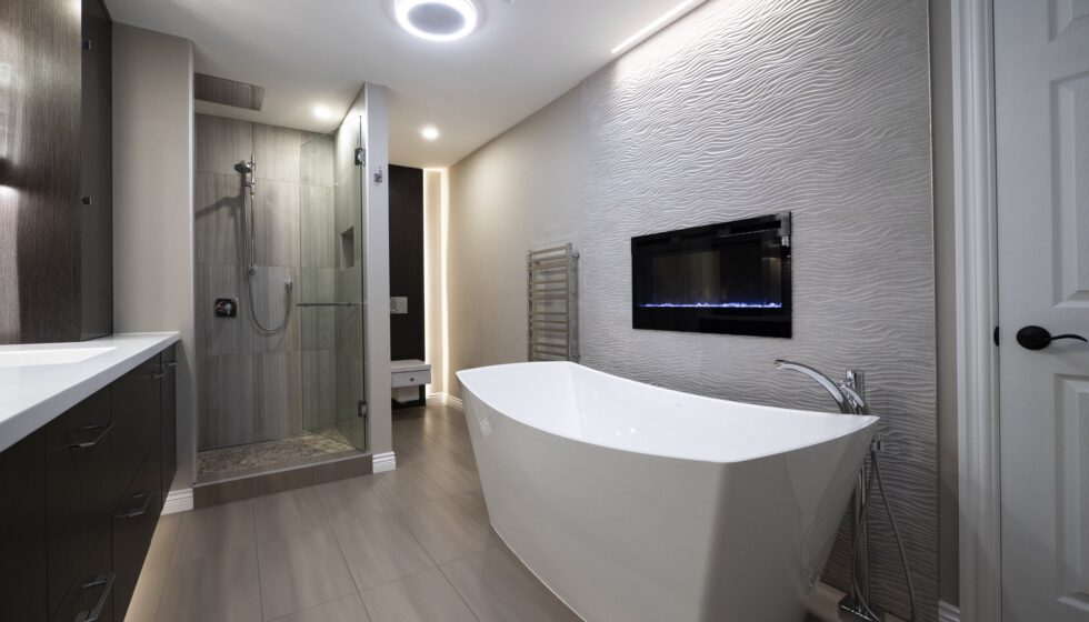 Elegant bathroom renovation featuring modern fixtures and sophisticated design
