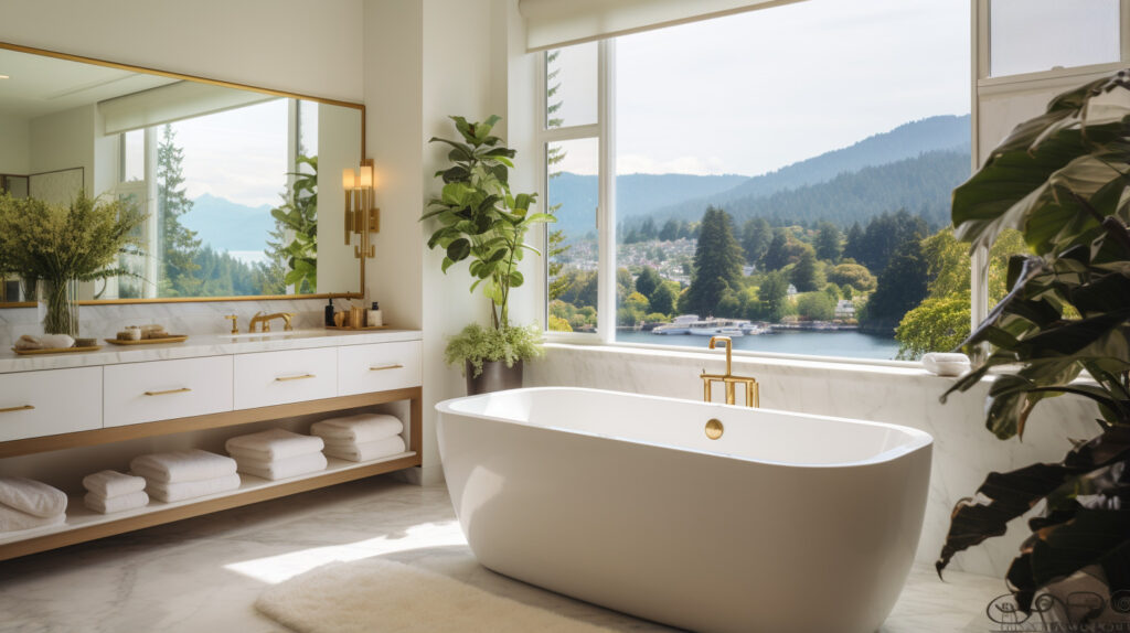 Luxurious bathroom renovation in North Vancouver with a freestanding bathtub and marble finishes.